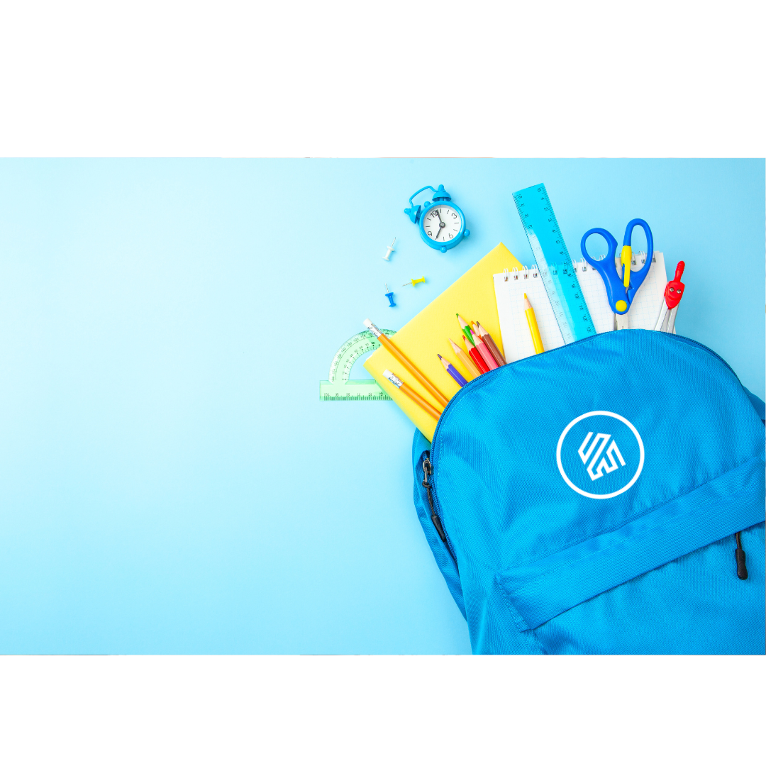 blue backpack with supplies coming out on blue background