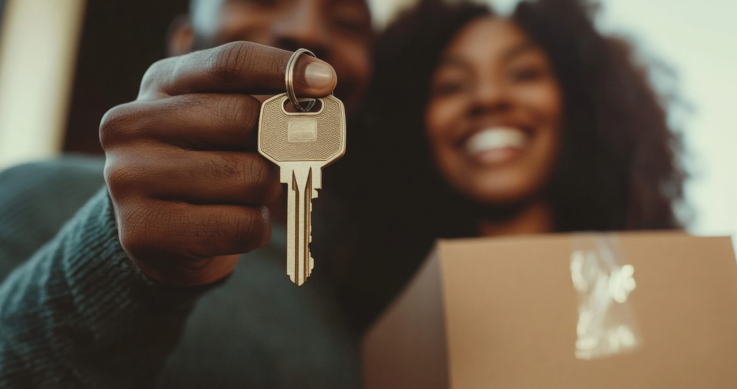 happy couple holding key in the foreground and moving box in the background
