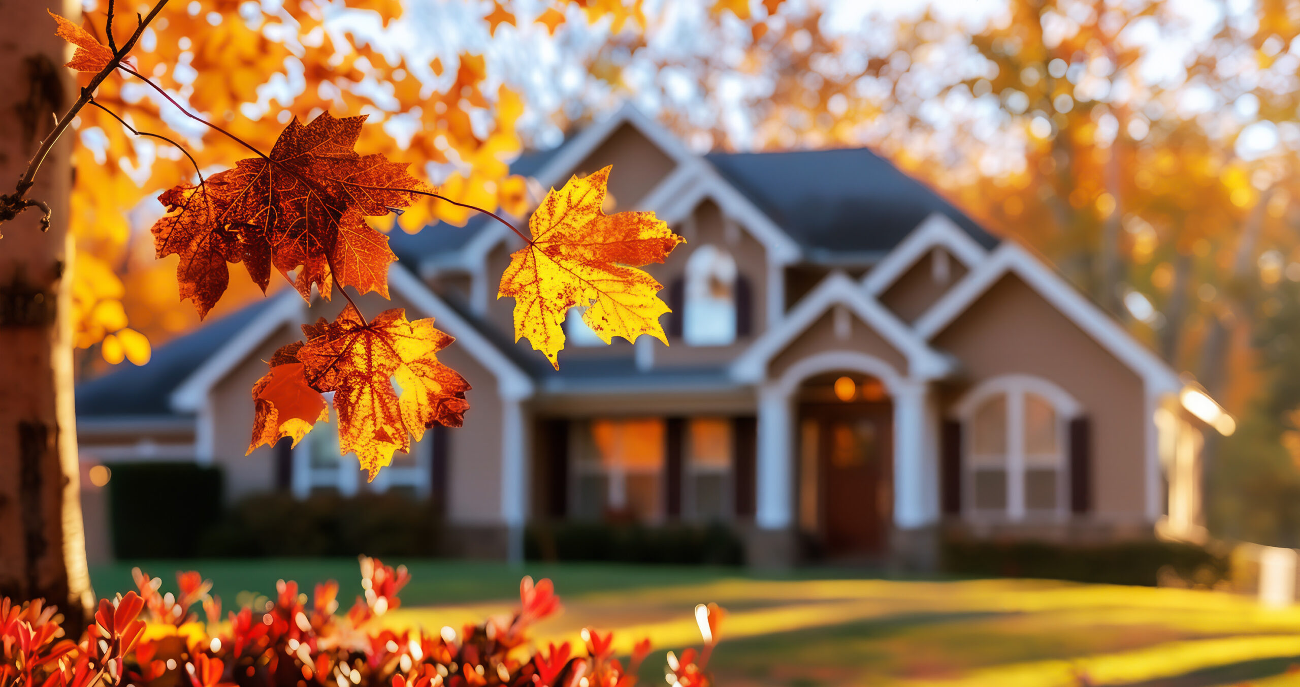 large suburban brick house in autumn with surrounded by sunlit golden fall leaves.